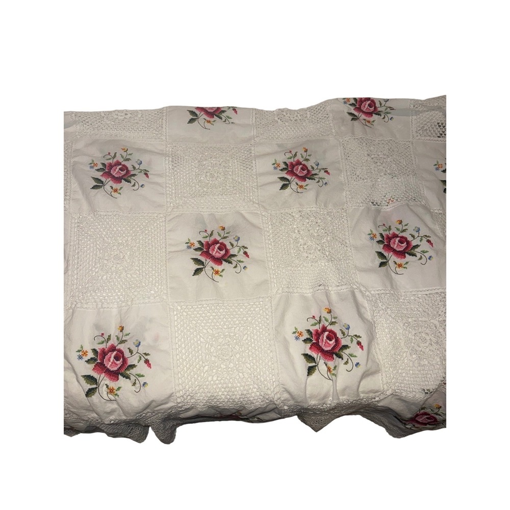 Vtg Cross Stitch Rose Crochet Lace Patchwork Tablecloth White 86x72 Cottagecore - Picture 2 of 6